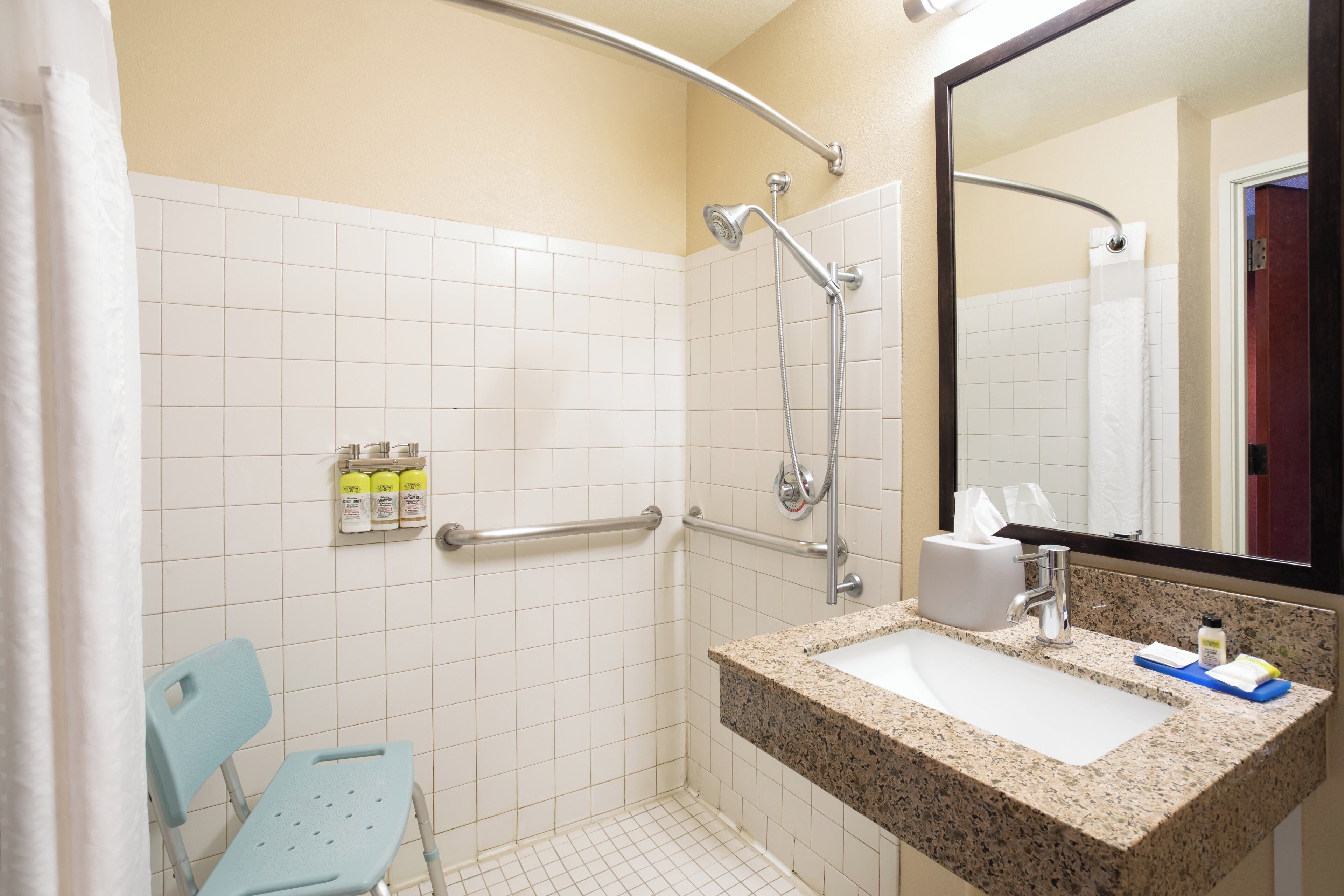 Une salle de bain équipée d’une douche, d’un lavabo, d’un miroir et d’une barre d’appui.