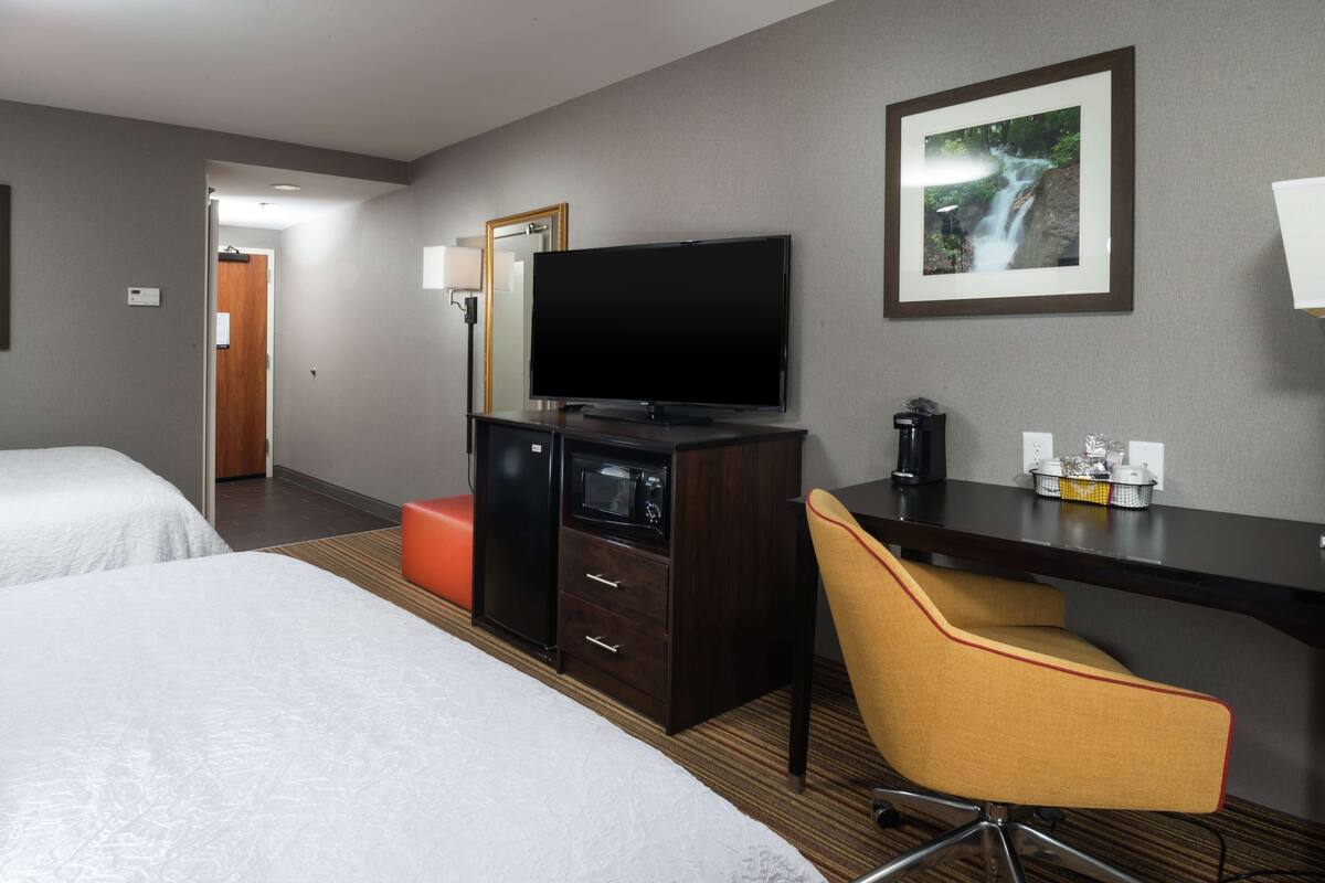 A hotel room with two beds, a TV, a desk with a chair, and a framed picture on the wall.