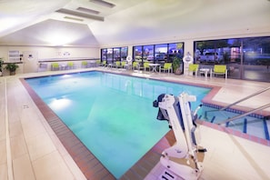 Indoor pool, open 9:00 AM to 10:00 AM, pool loungers