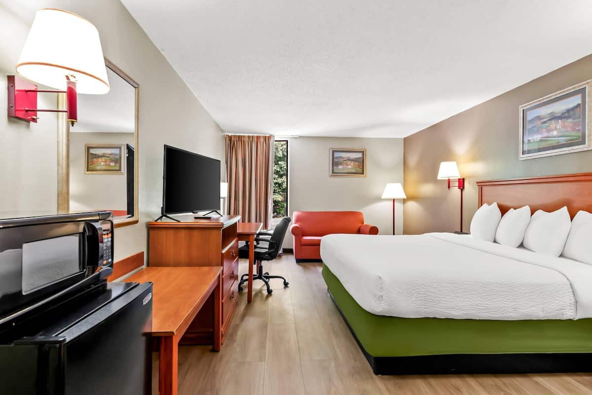 Ein Hotelzimmer mit einem Bett, einem Schreibtisch, einem Sessel, einem Fernseher und einem Bild an der Wand.