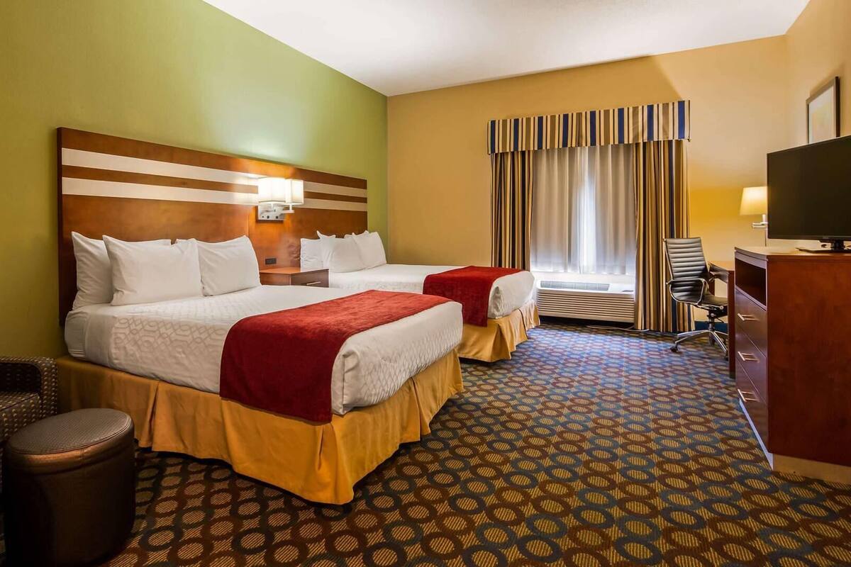 A hotel room with two beds, a TV, a desk, a chair, and a patterned carpet.