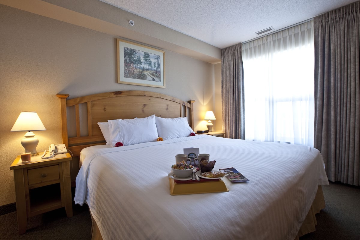 Habitación de hotel con una cama grande, dos lámparas de noche, una mesita de noche, un cuadro enmarcado en la pared y una ventana con cortinas.