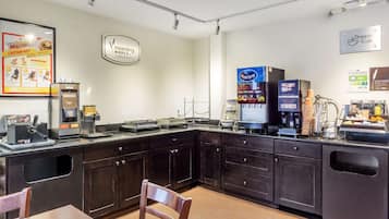 A breakfast bar with coffee machines, a sign for 'Dream Cup', and a 'Morning Medley' menu.