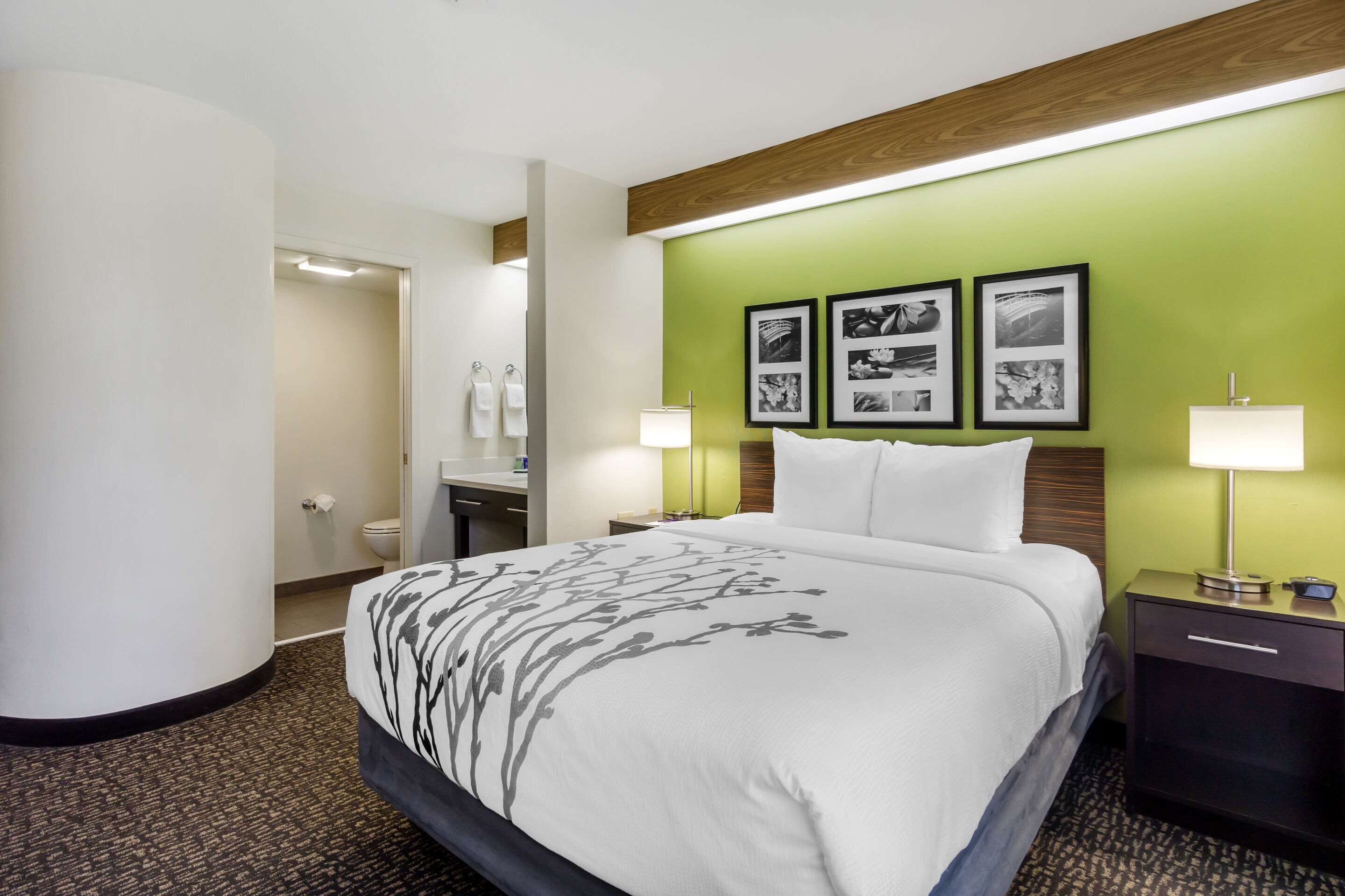 Une chambre d’hôtel avec un lit, des tables de chevet, une lampe, un tableau accroché au mur et une salle de bain visible à travers une porte ouverte.