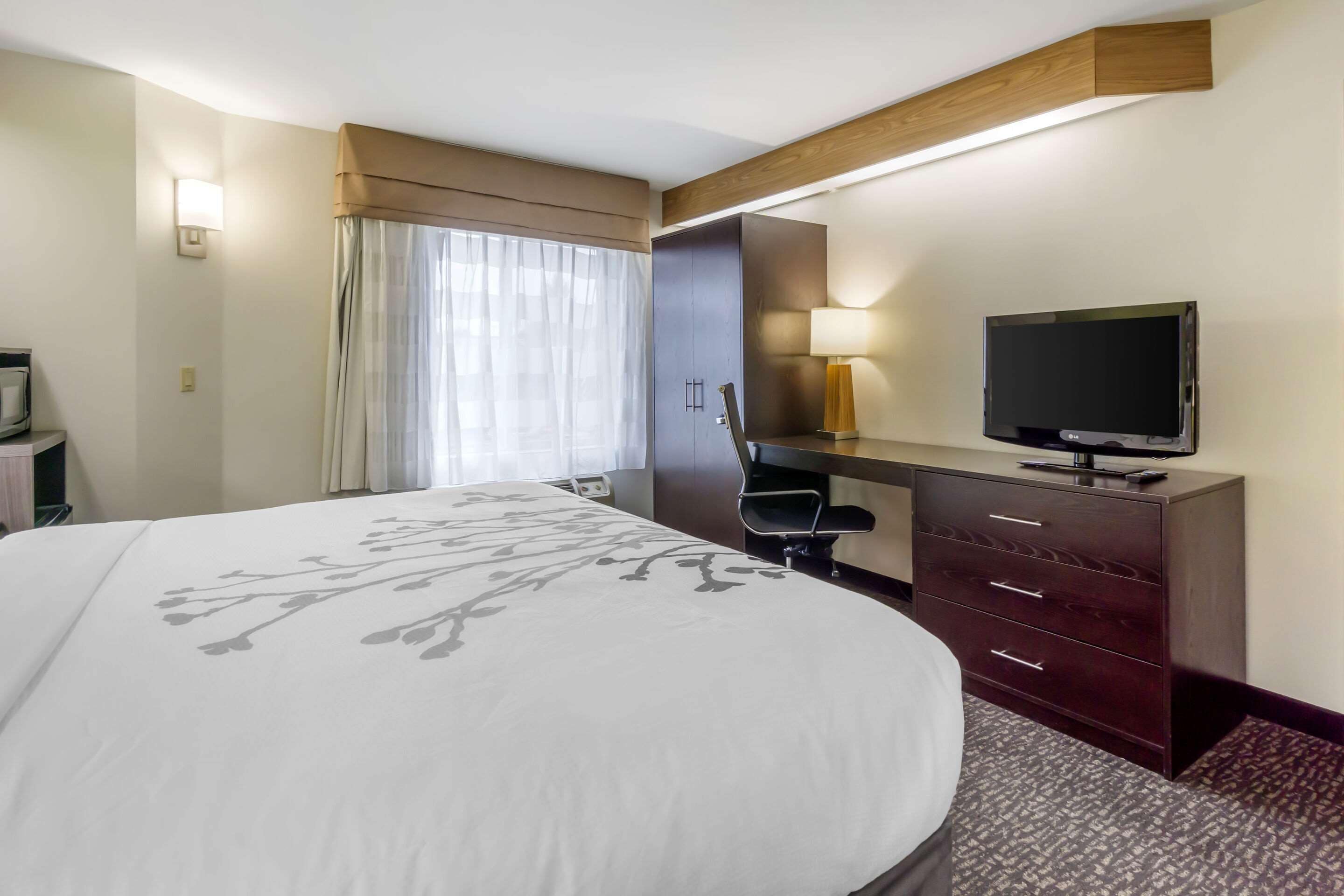 Une chambre d’hôtel avec un grand lit, un bureau avec une télévision, une chaise et une lampe.