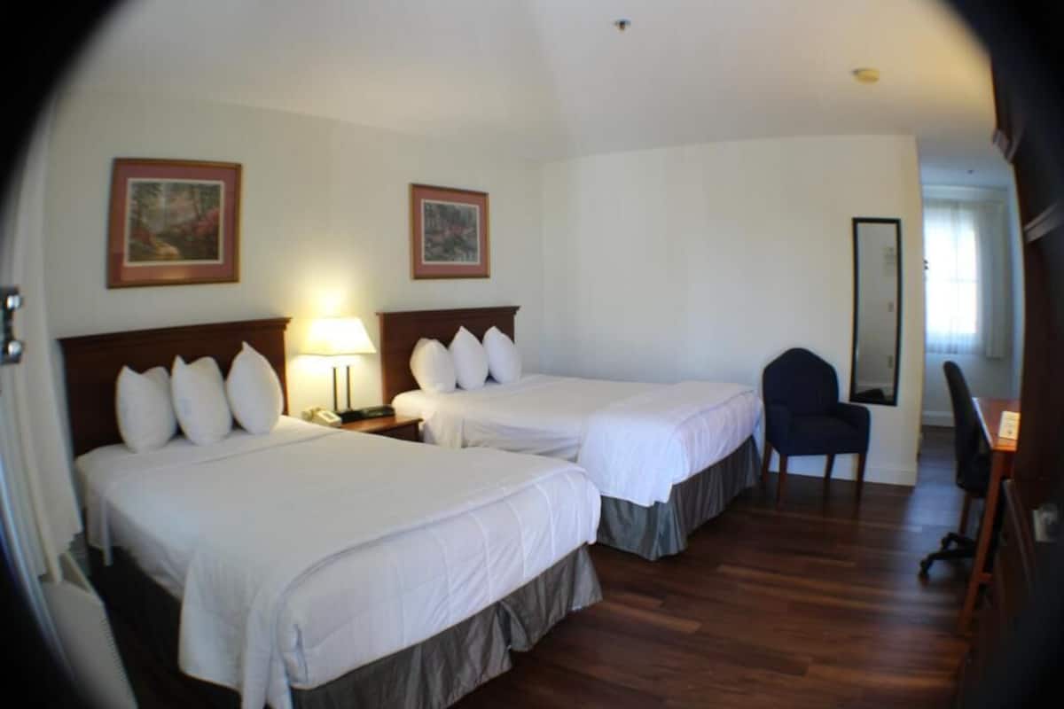 A hotel room with two beds, a desk, a chair, and two framed pictures on the wall.