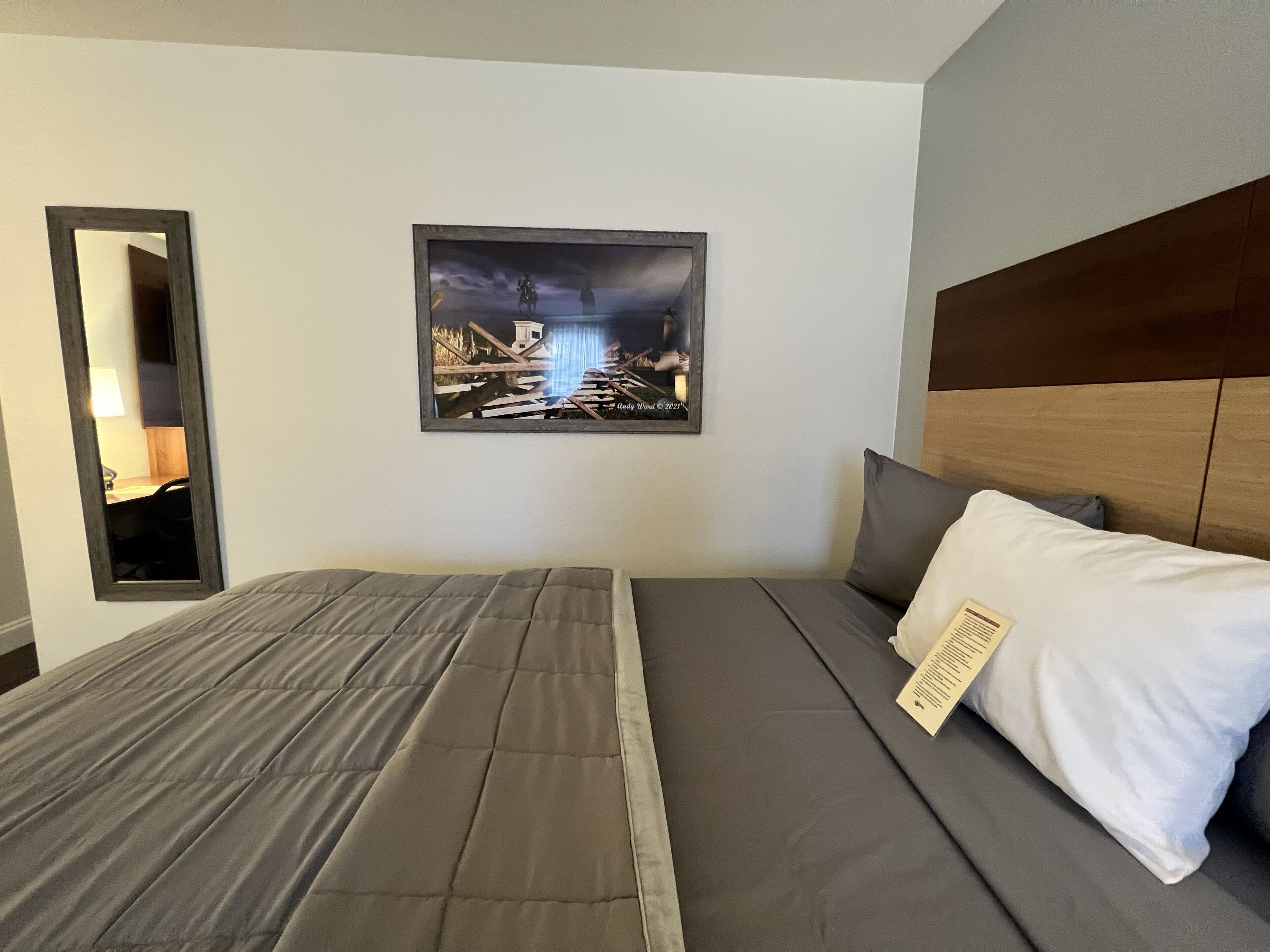 A hotel room with a bed, a headboard, a bedside table, a mirror, and a framed picture on the wall.