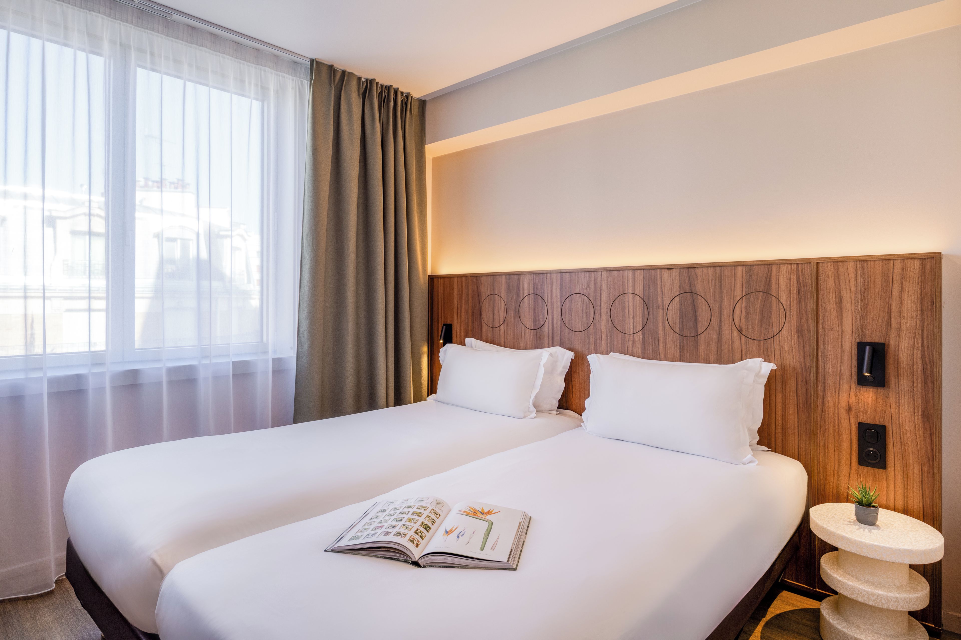 A hotel room with a large bed, a bedside table with a plant, and a window with curtains.