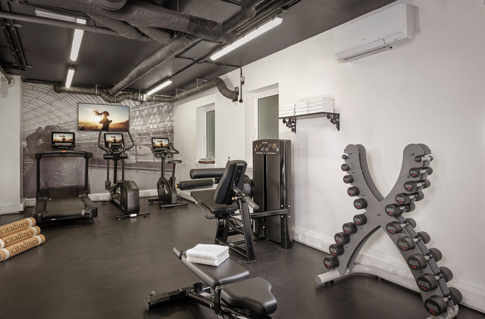 A gym with treadmills, exercise bikes, a bench press, and a rack of dumbbells.