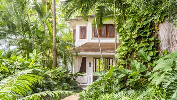 A two-story house surrounded by lush tropical vegetation.