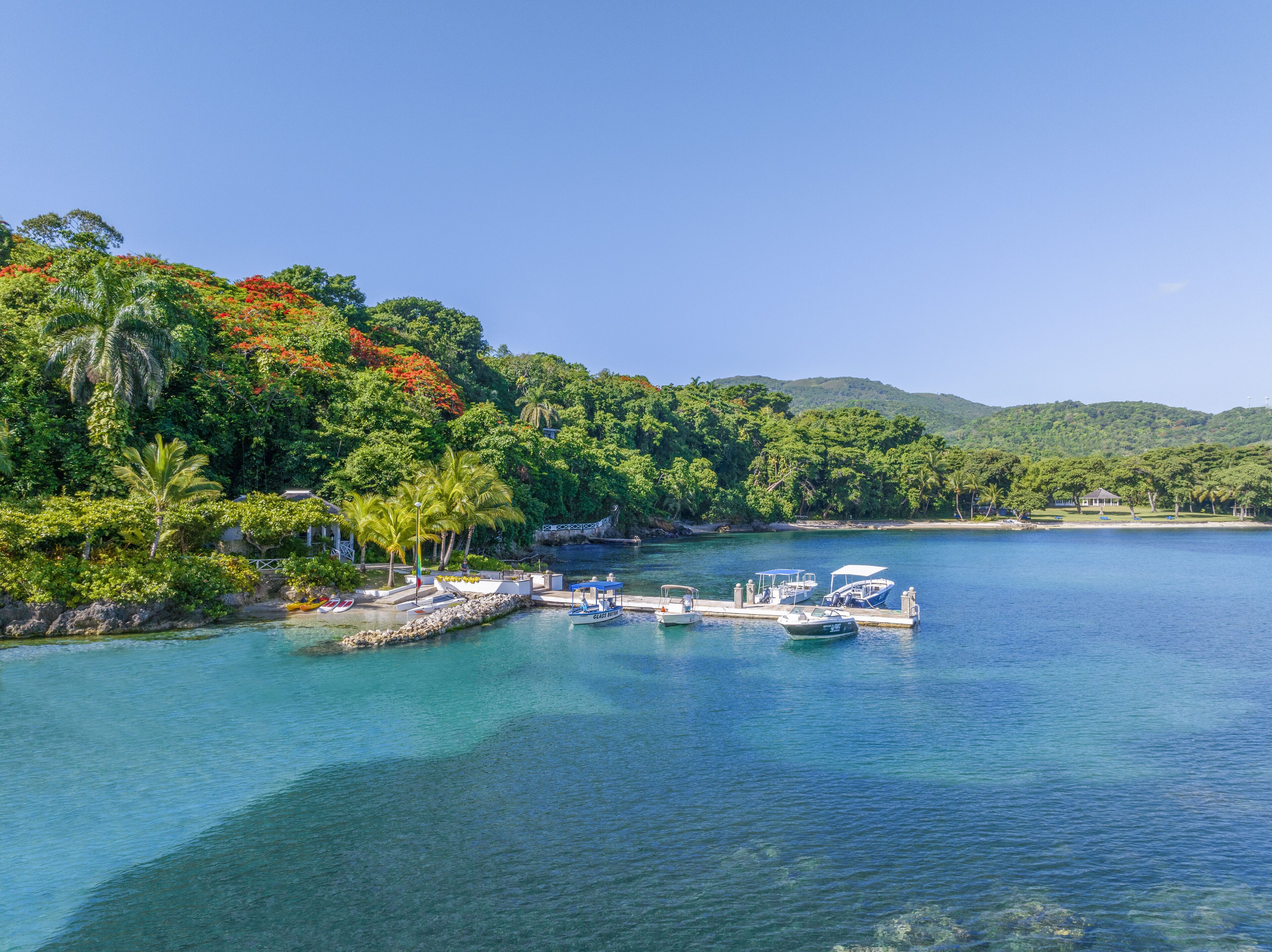 A coastal area with boats docked at a pier, surrounded by lush greenery and a clear blue sky.