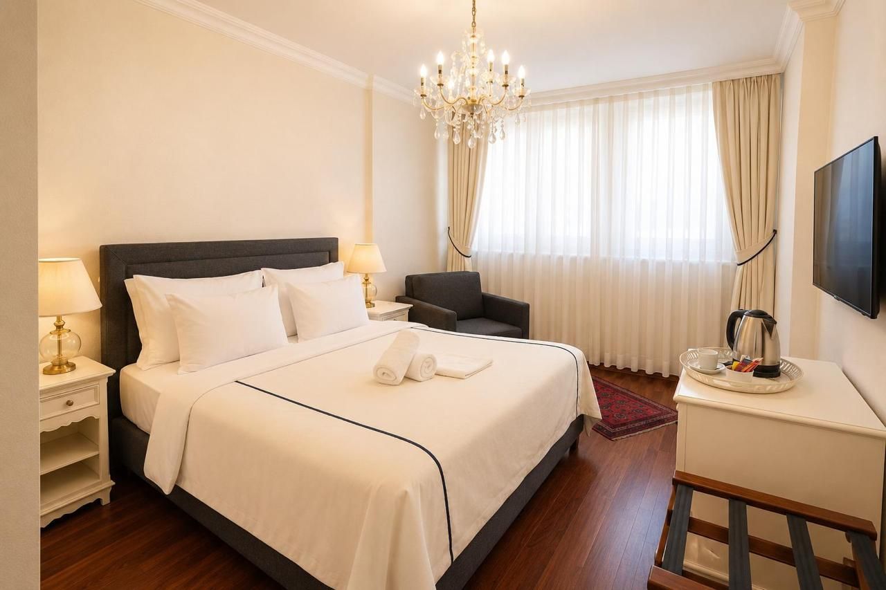 A hotel room with a large bed, a bedside table with a lamp, a chair, a desk with a television, and a chandelier.
