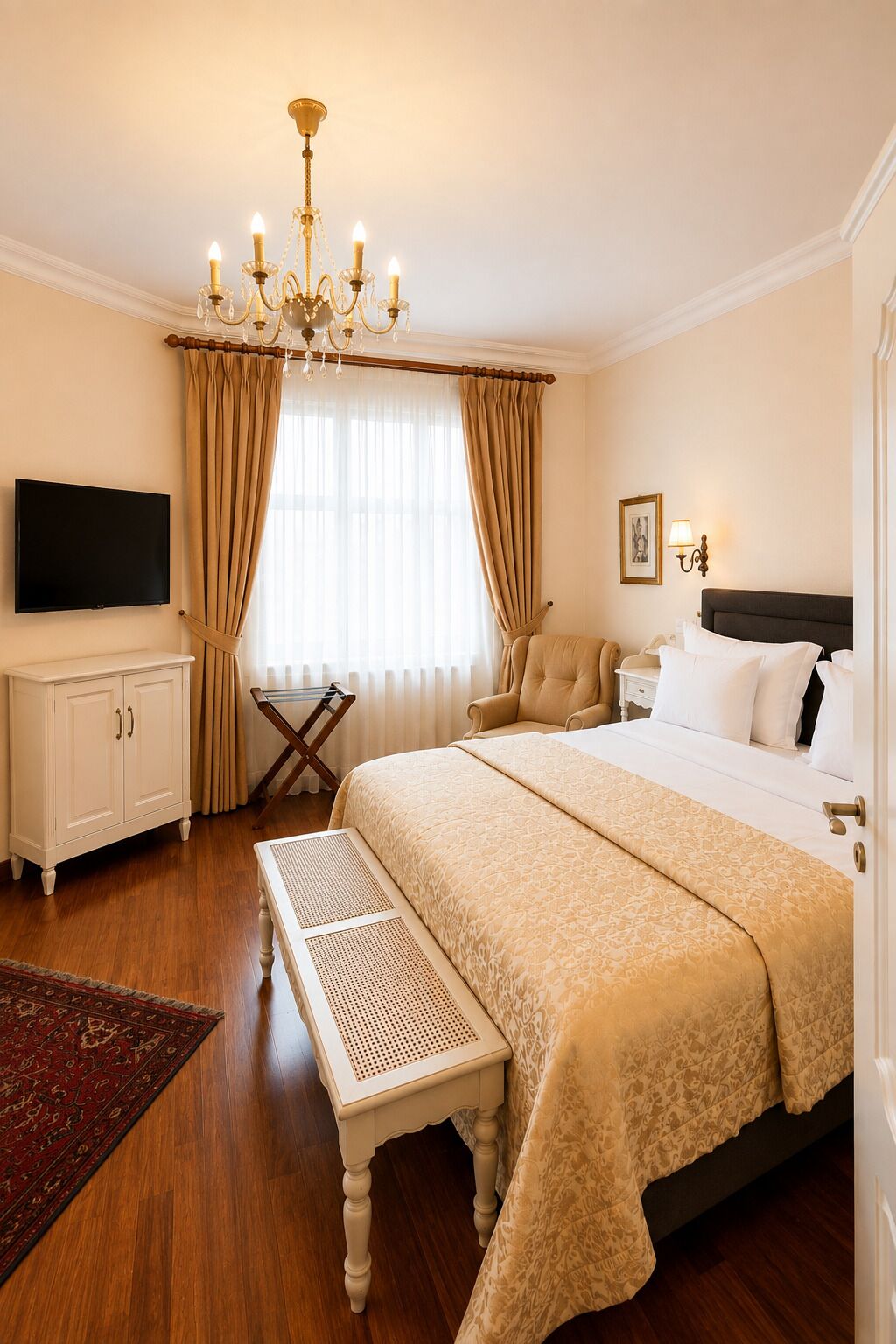 A hotel room with a large bed, a television, a chandelier, and a desk with a chair.