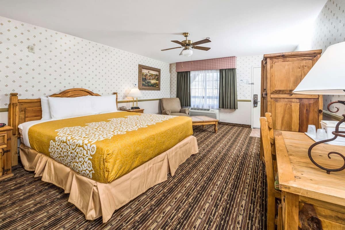 A hotel room with a bed, a chair, a desk, a ceiling fan, and a window with curtains.