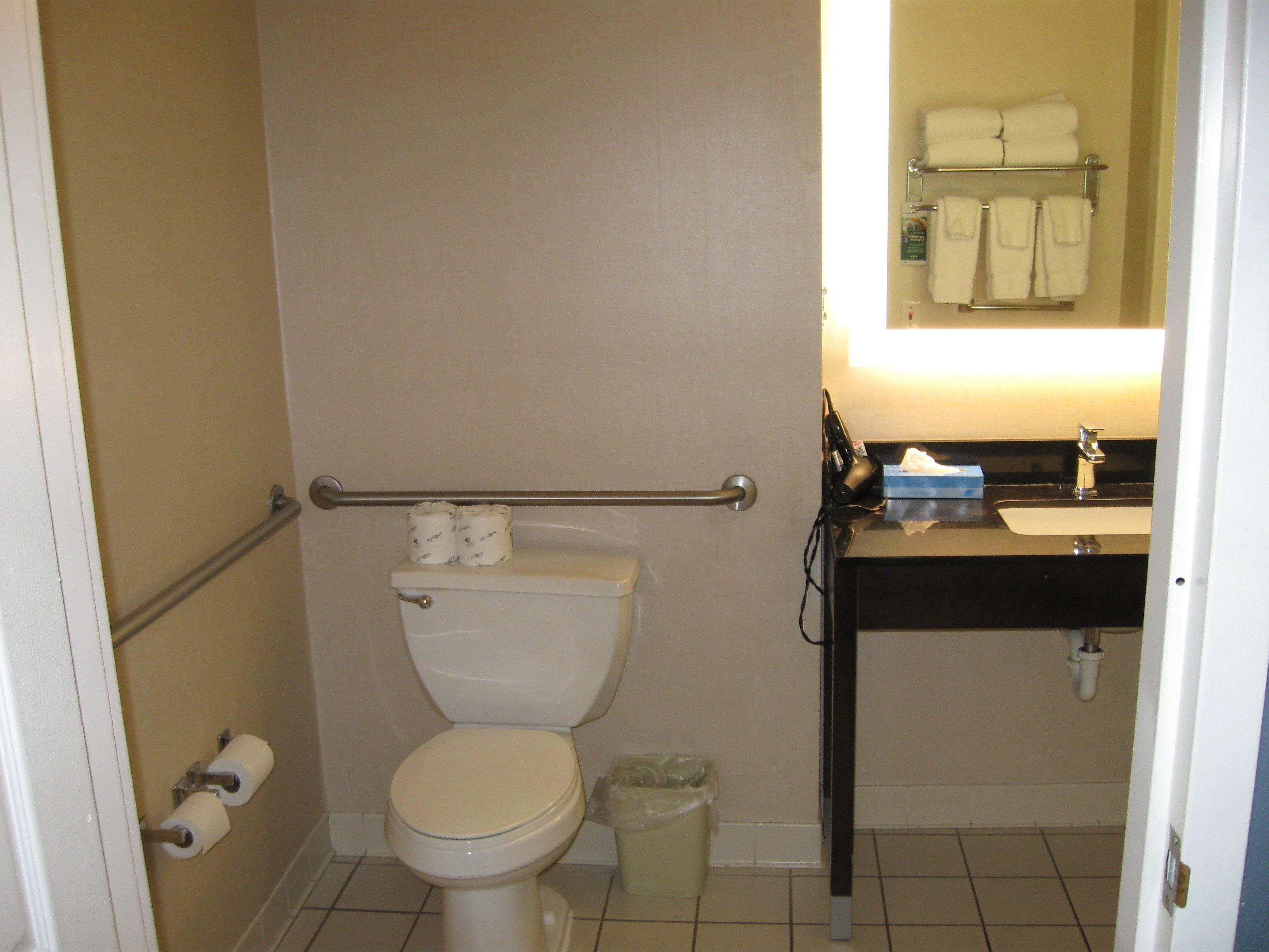 Een kleine badkamer met een toilet, een handdroger, een prullenbak en een wastafel met een handdoekhouder erboven.