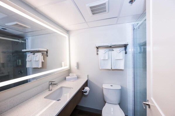 Combined shower/bathtub, free toiletries, hair dryer, towels
