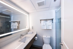 Combined shower/tub, free toiletries, hair dryer, towels