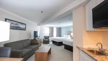 Desk, laptop workspace, blackout drapes, iron/ironing board