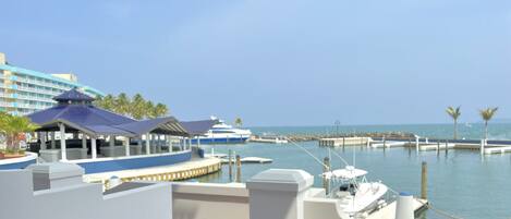 A marina with boats, a covered seating area, and a hotel in the background.