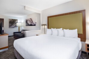 Premium bedding, pillowtop beds, desk, laptop workspace