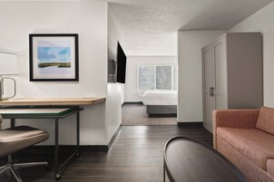 Una habitación de hotel moderna con escritorio, silla, cama y sofá.