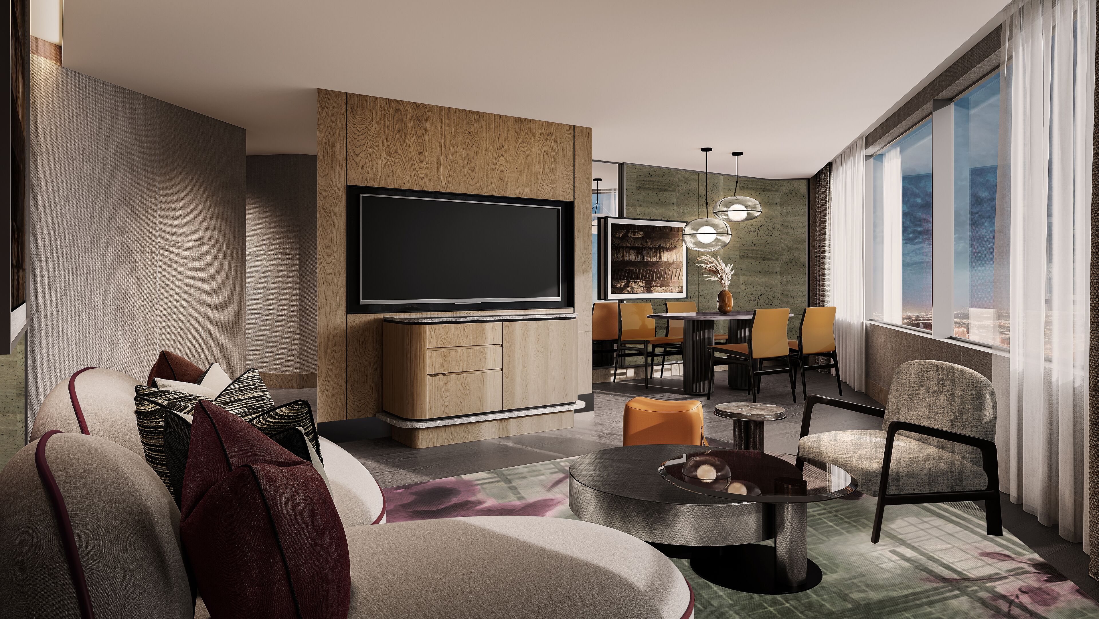 A modern living room with a flat-screen TV, wooden cabinets, a dining area with chairs, and a large window with curtains.