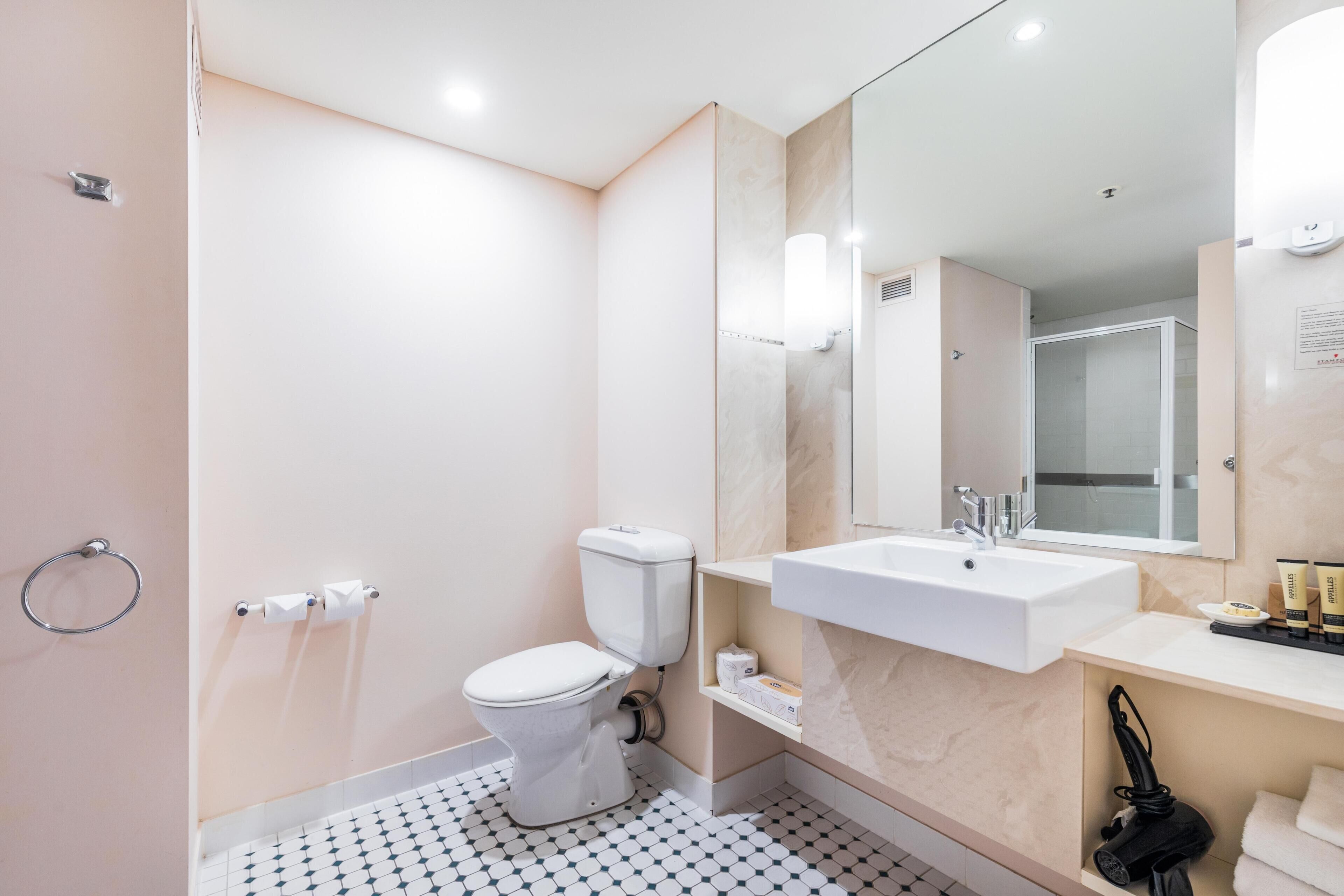 Une salle de bain moderne équipée de toilettes, d’un lavabo et d’une zone douche.