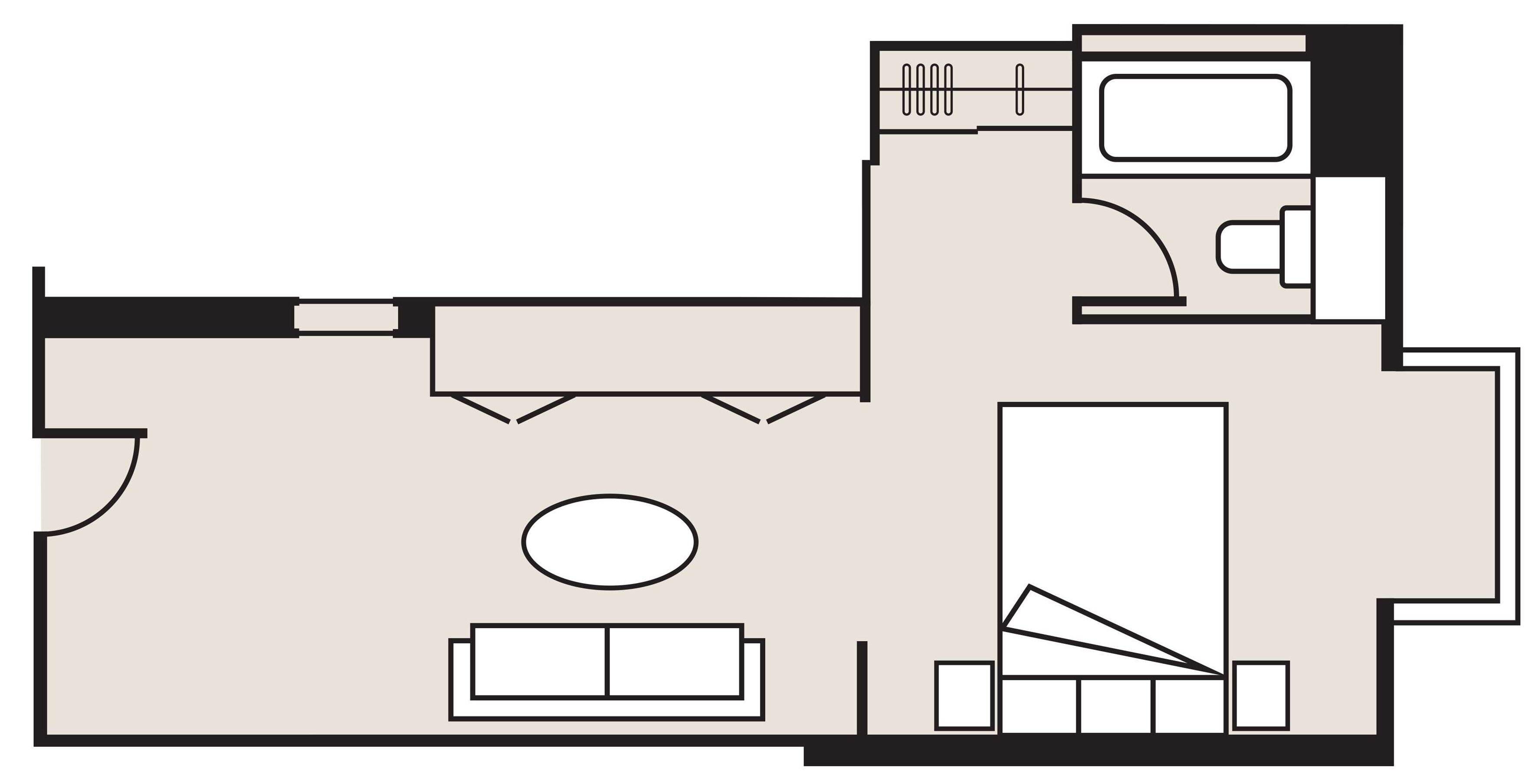 A floor plan with a living area, kitchen, and bathroom.