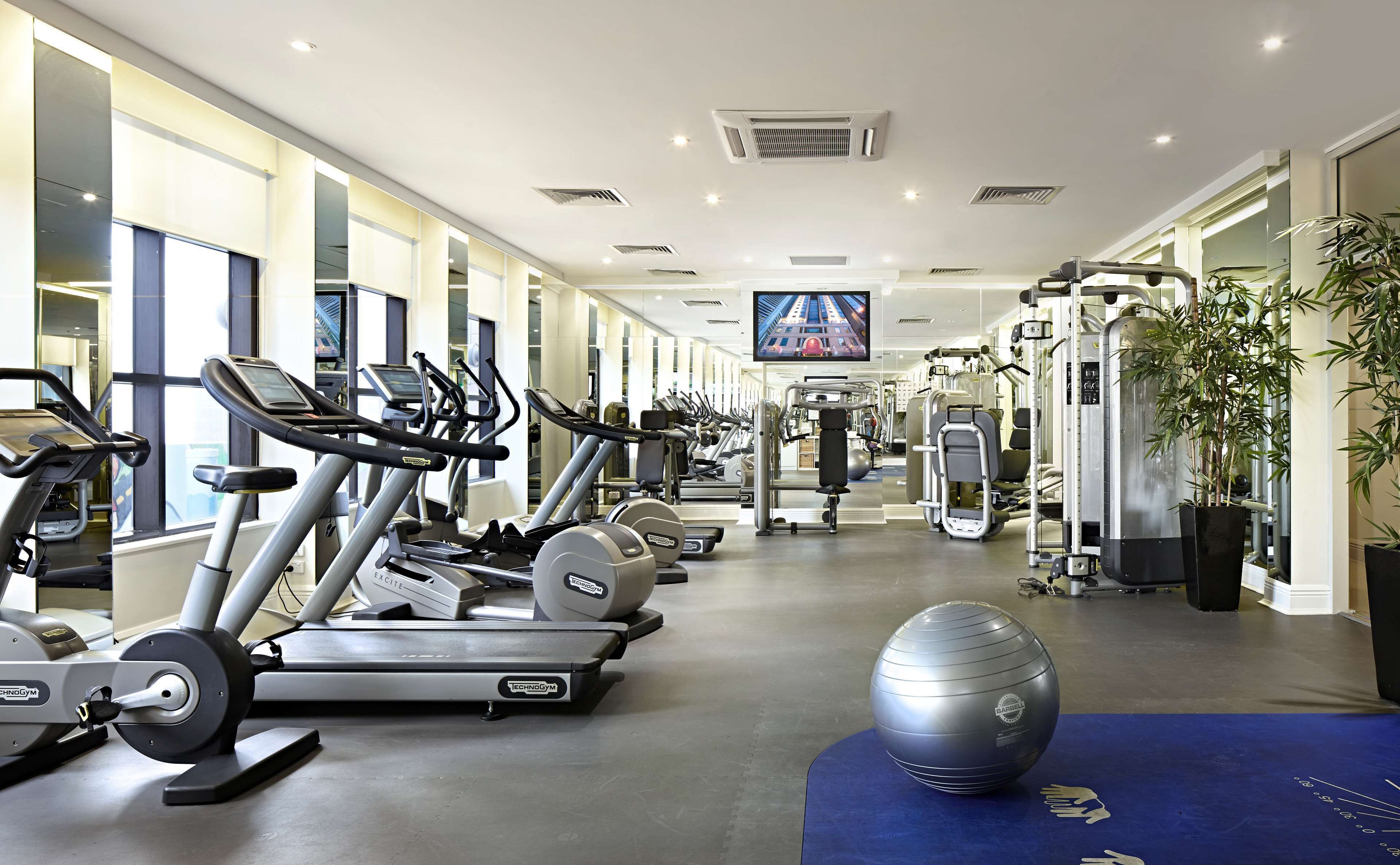 A gym with treadmills, elliptical machines, weight machines, and a large exercise ball.