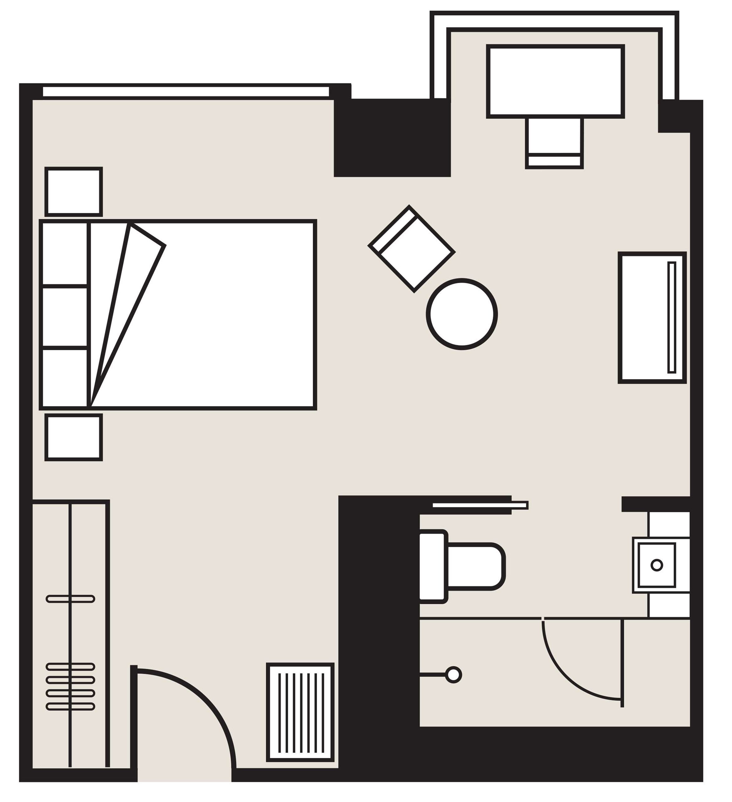 A hotel room layout with a bed, desk, chair, and a small bathroom area.