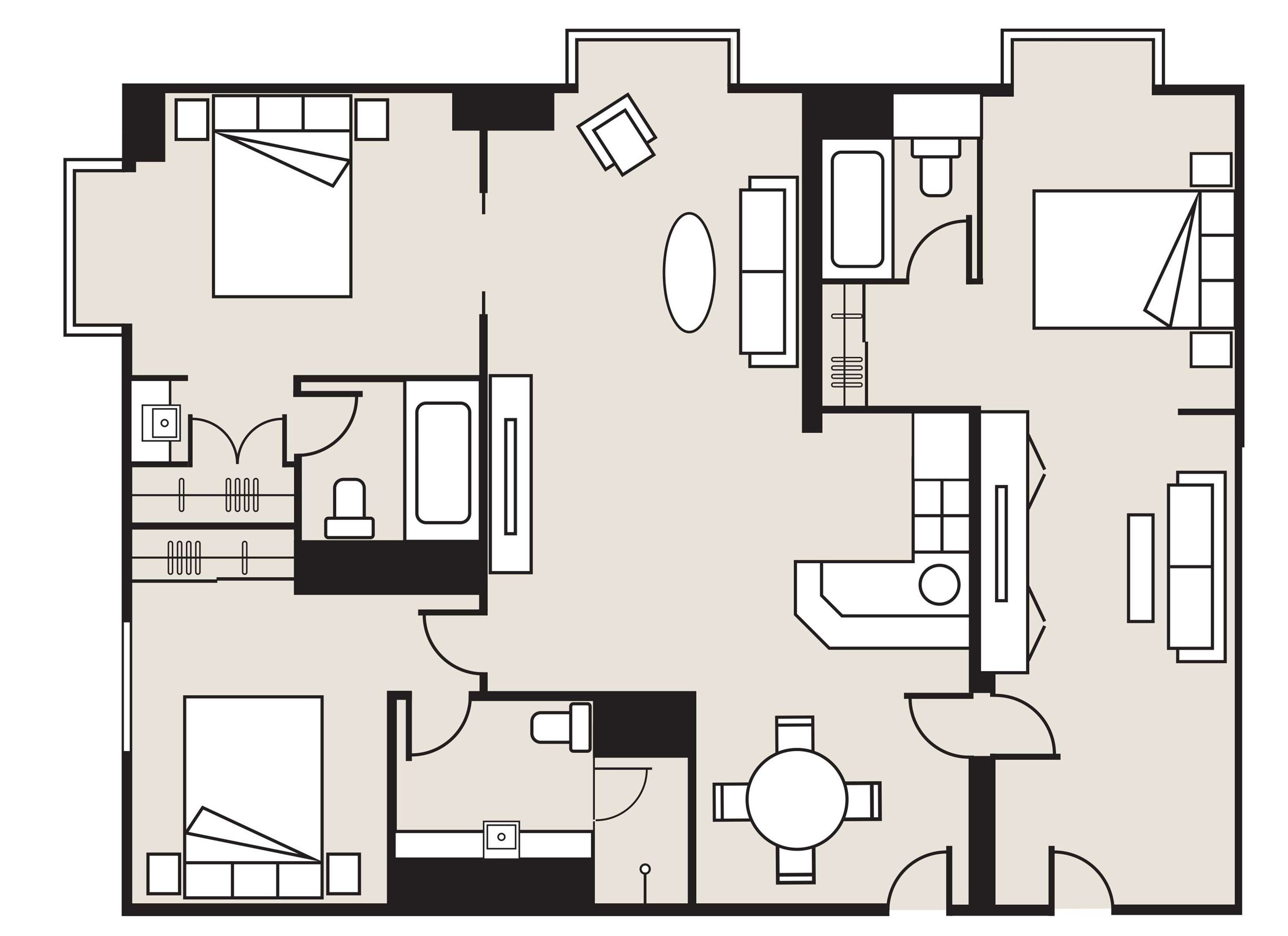 A hotel layout with a kitchen, dining area, living room, and separate bedrooms.