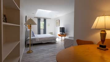 A hotel room with a bed, a desk, a TV, a lamp, and a skylight.