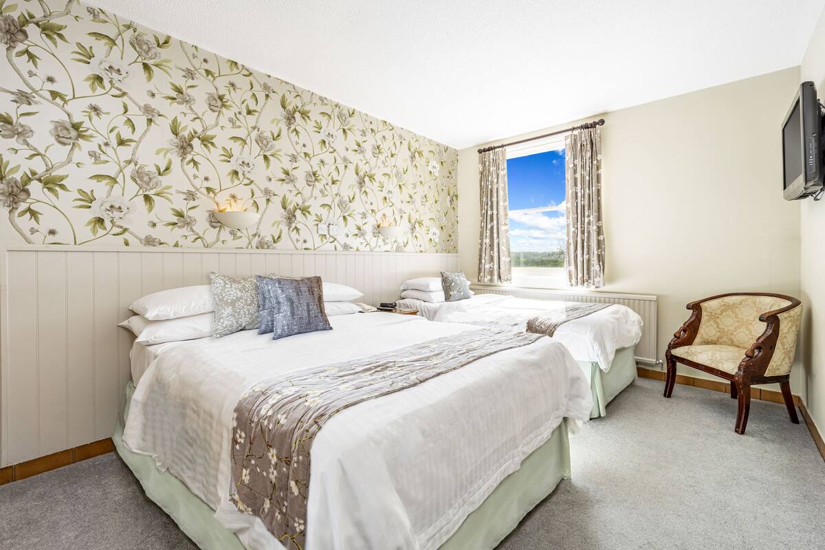 Une chambre d’hôtel avec deux lits, une grande fenêtre avec des rideaux, une chaise en bois et un téléviseur fixé au mur.