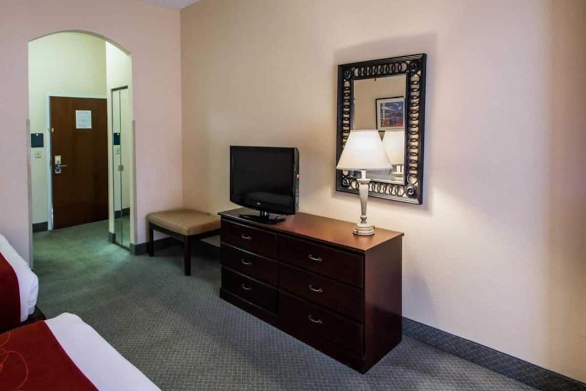 Desk, laptop workspace, blackout drapes, soundproofing