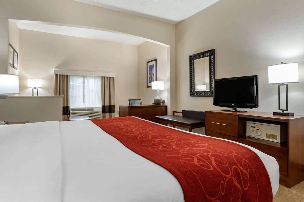 Desk, laptop workspace, blackout drapes, soundproofing