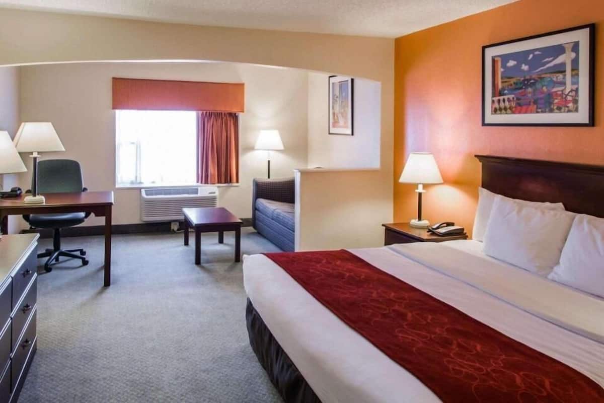 Desk, laptop workspace, blackout drapes, soundproofing