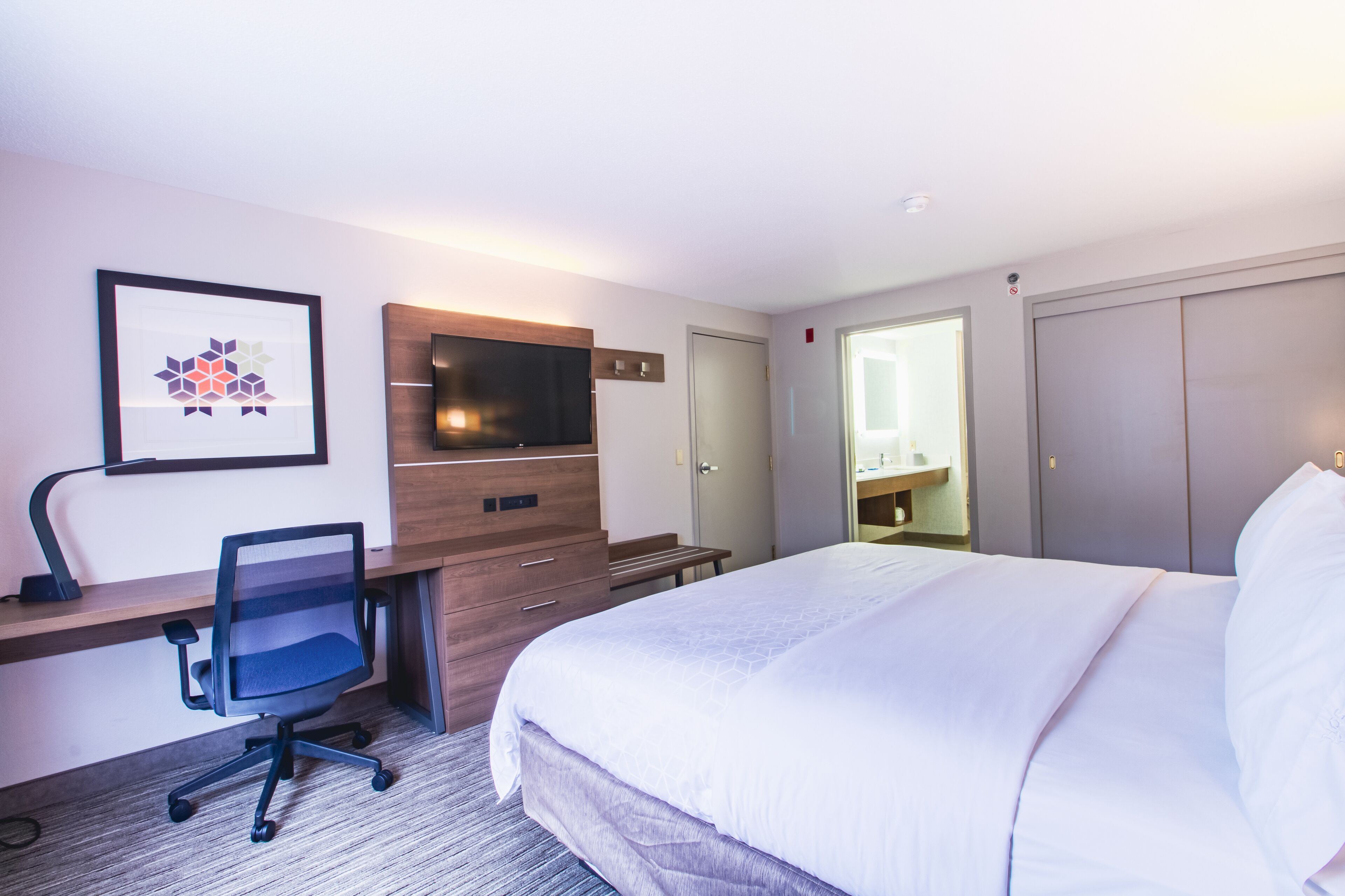 Une chambre d’hôtel avec un lit, un bureau et une chaise, une télévision et un tableau encadré au mur.