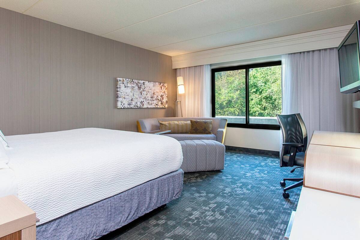A hotel room with a large bed, a desk, a chair, and a television.