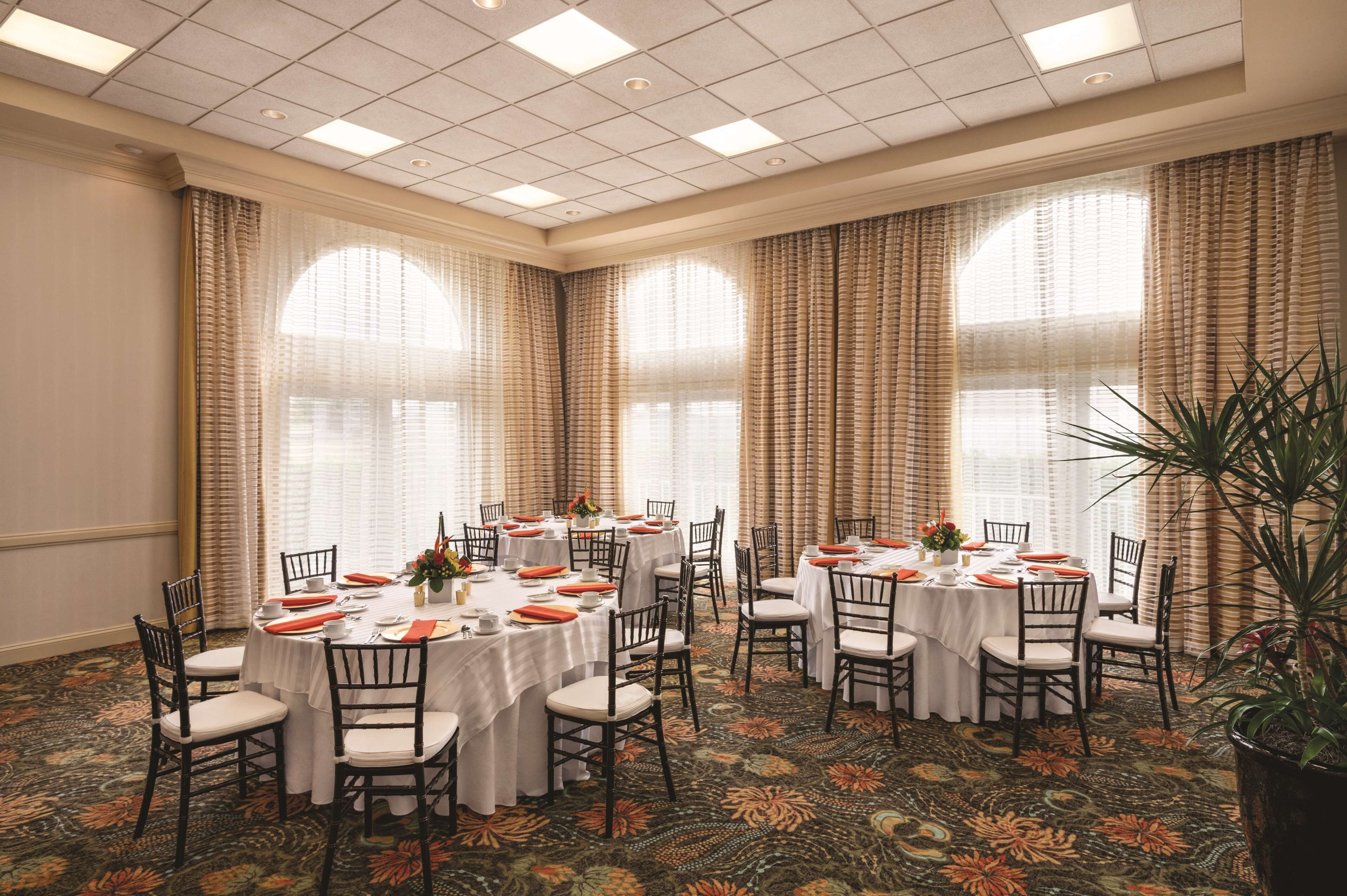 A banquet hall with round tables, chairs, and a carpeted floor.