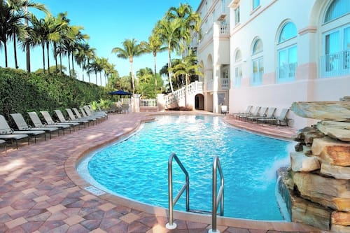 Outdoor pool, pool umbrellas, pool loungers