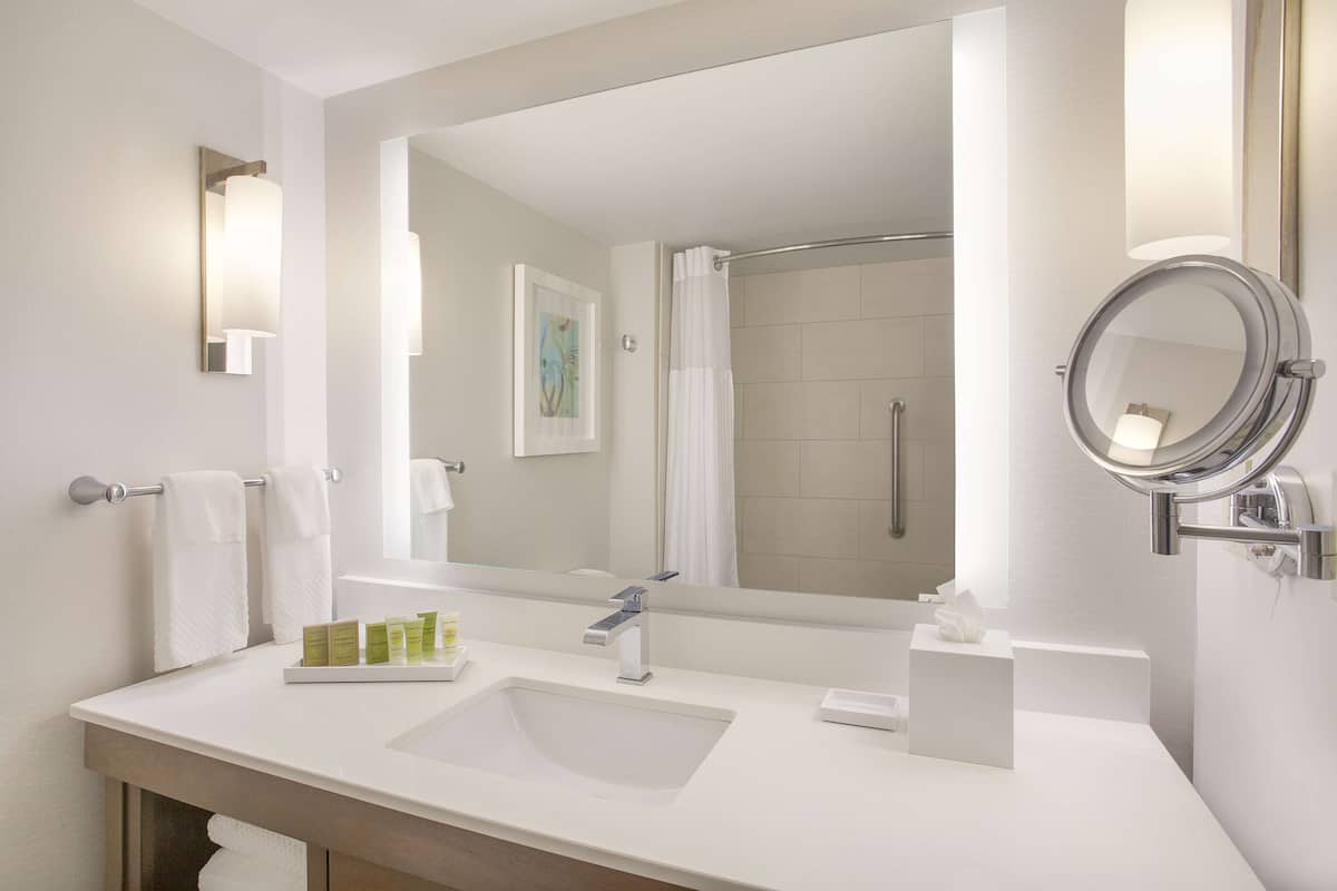 combined shower/bathtub, designer toiletries, hair dryer, towels