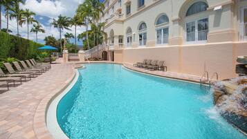 Outdoor pool, pool umbrellas, sun loungers
