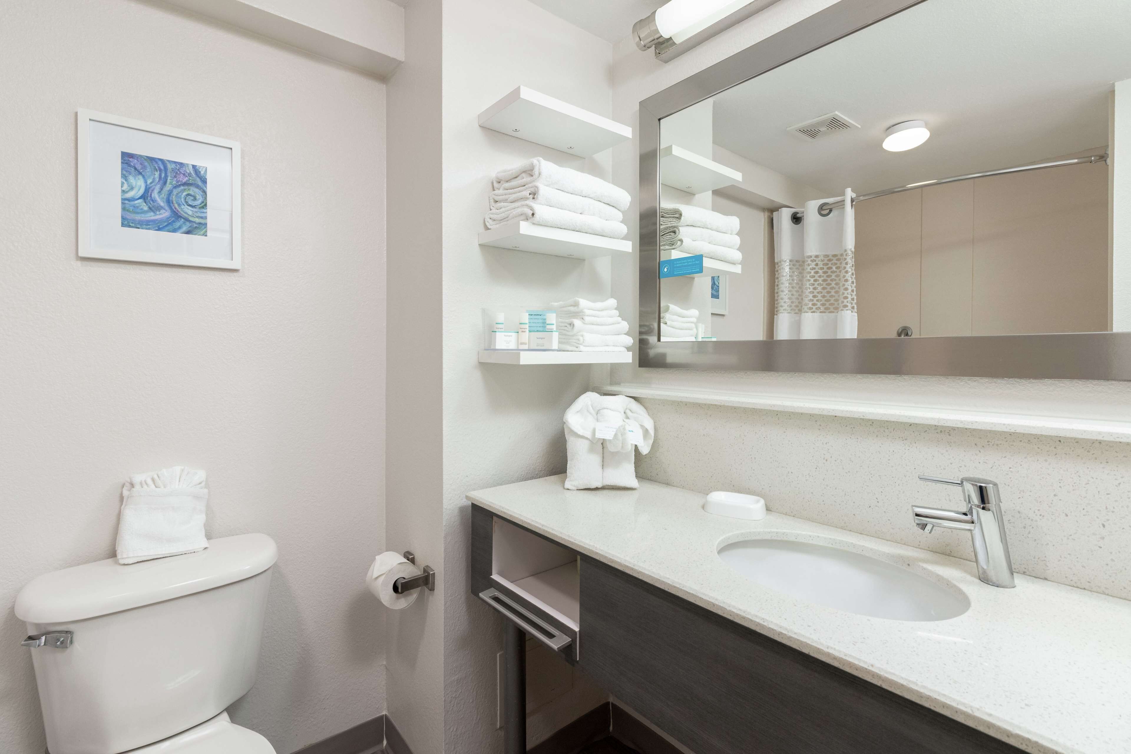 combined shower/bathtub, free toiletries, hair dryer, towels