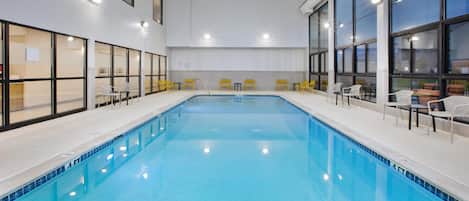 Indoor pool, open 8:00 AM to 10:00 PM, pool umbrellas, sun loungers