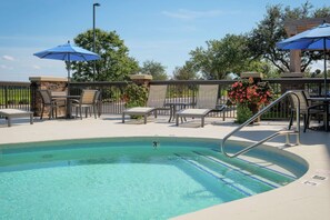 Seasonal outdoor pool, pool umbrellas, pool loungers