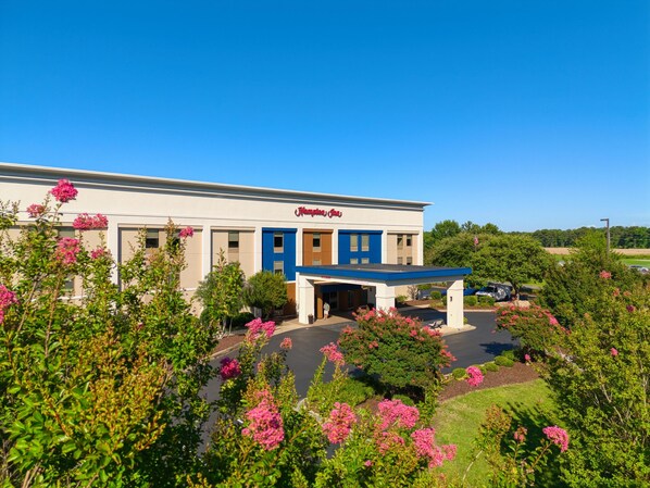 A Hampton Inn with a parking lot and surrounding greenery.