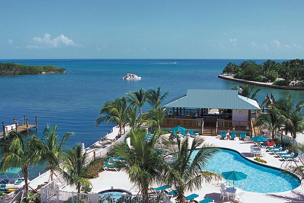 Outdoor pool, pool umbrellas, sun loungers