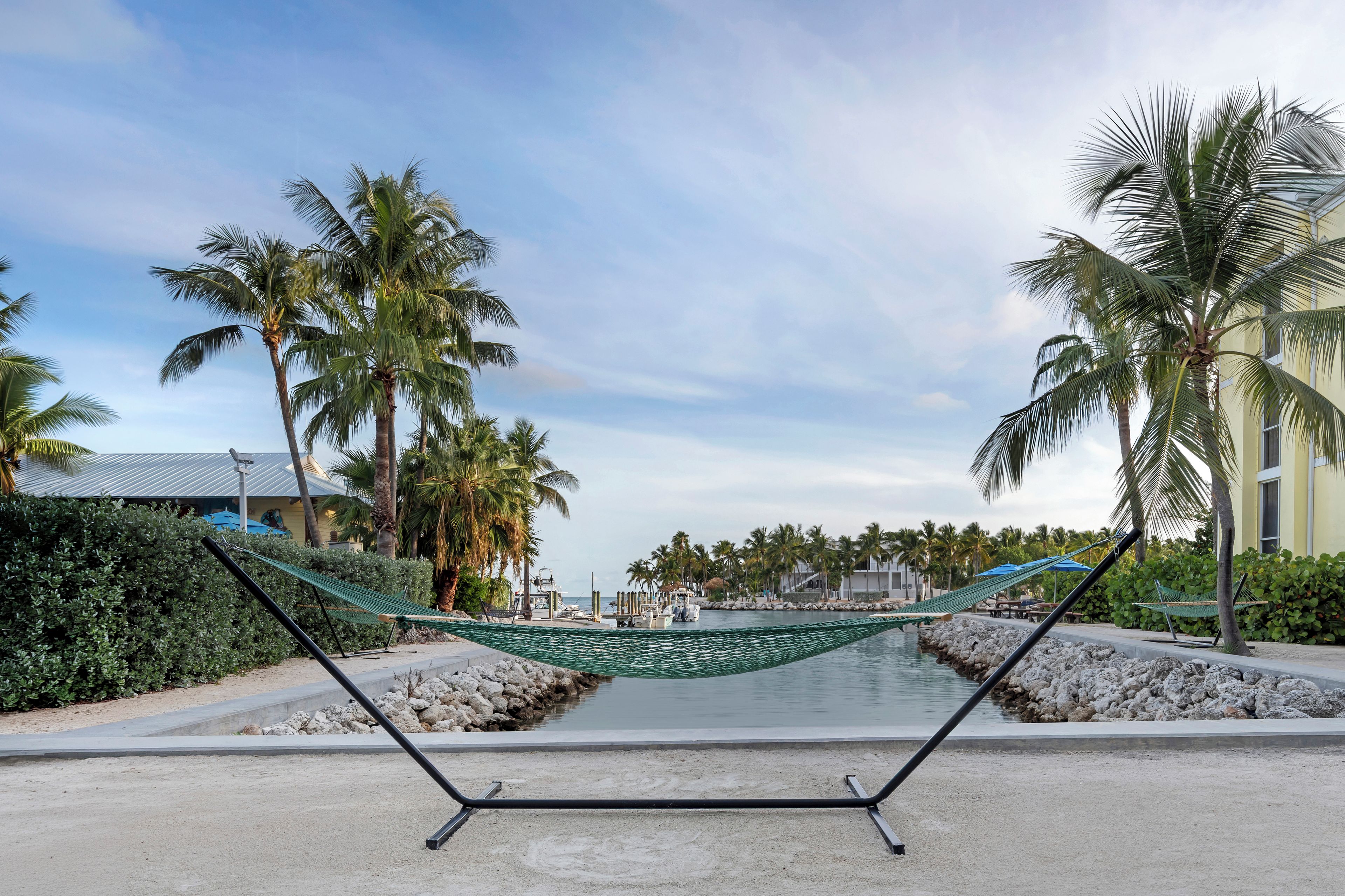 A hammock set up on a concrete surface with a view of a marina and palm trees.