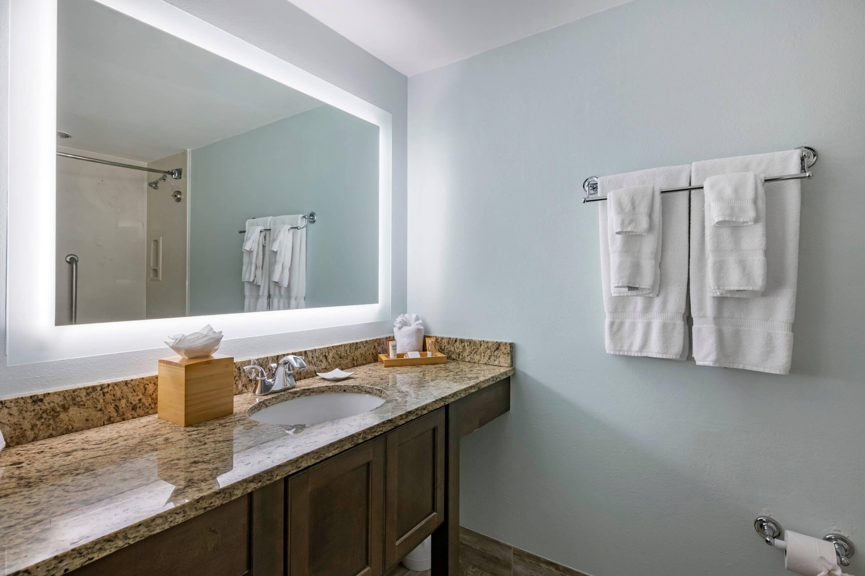 A bathroom with a large mirror, a sink, and a towel rack.