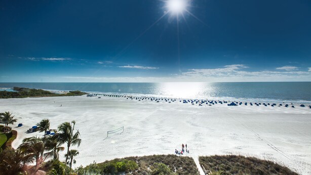 A beach with a clear sky, palm trees, and a sunlit ocean. - GullWing Beach Resort (Fort Myers Beach)
